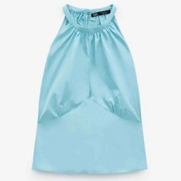 Zara Halter Top Powder Blue Tie-Back Bow Panel Fitted Sleeveless Keyhole Blouse - Picture 13 of 13